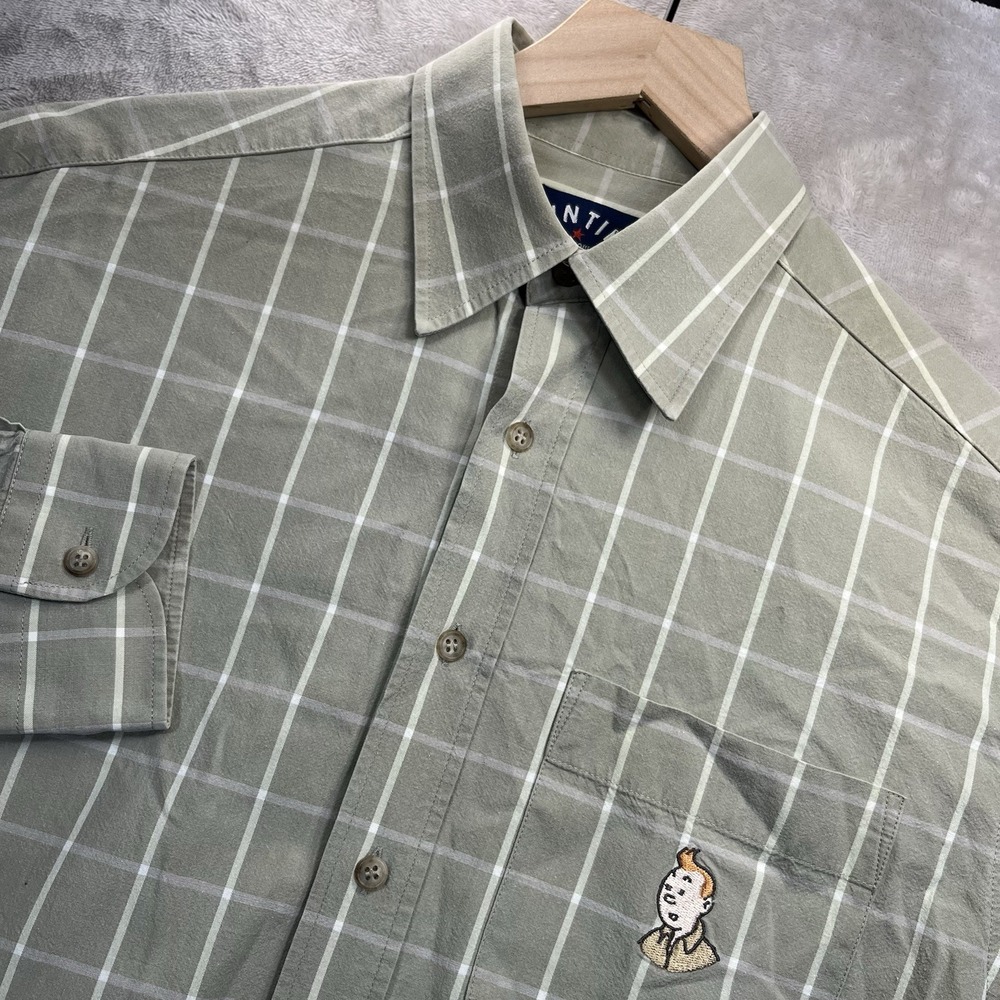 TINTIN Shirt Mens S Long Sleeve Button Up Windowpane Green Cartoon